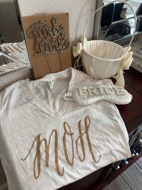 Bridal Wedding Bundle:MOH shirt, Bride sleepmask, flower girl basket cake topper